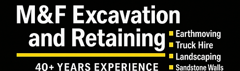 Logo of M&F Excavation and Retaining, showcasing 40+ years experience in excavation, landscaping and sandstone retaining wall