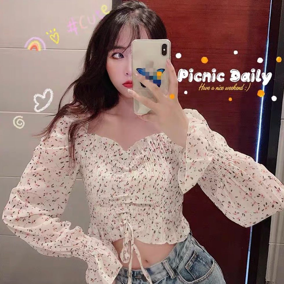 Thumbnail: 👩🏻小清新长袖修身雪纺衫短款抽绳