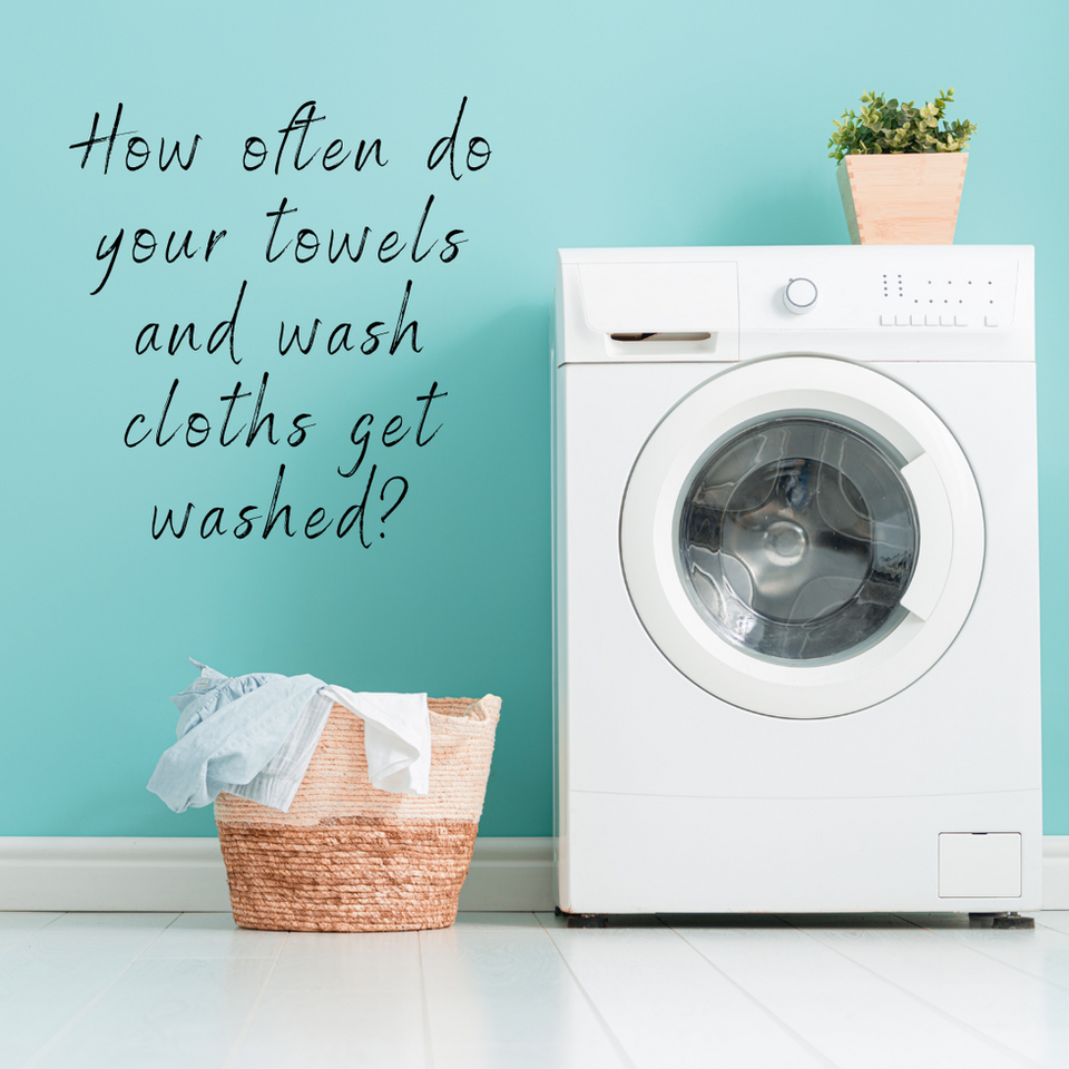 A picture of a washing machine and laundry basket and a quote that says How often do your towels and wash cloths get washed?