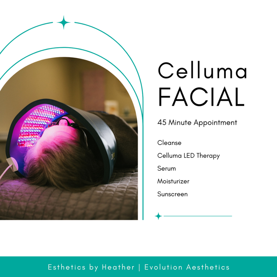 A person's head under a Celluma and a description of a Celluma facial