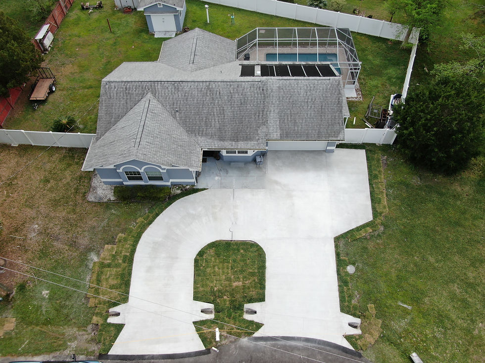 House with U-shaped concrete driveway and pool