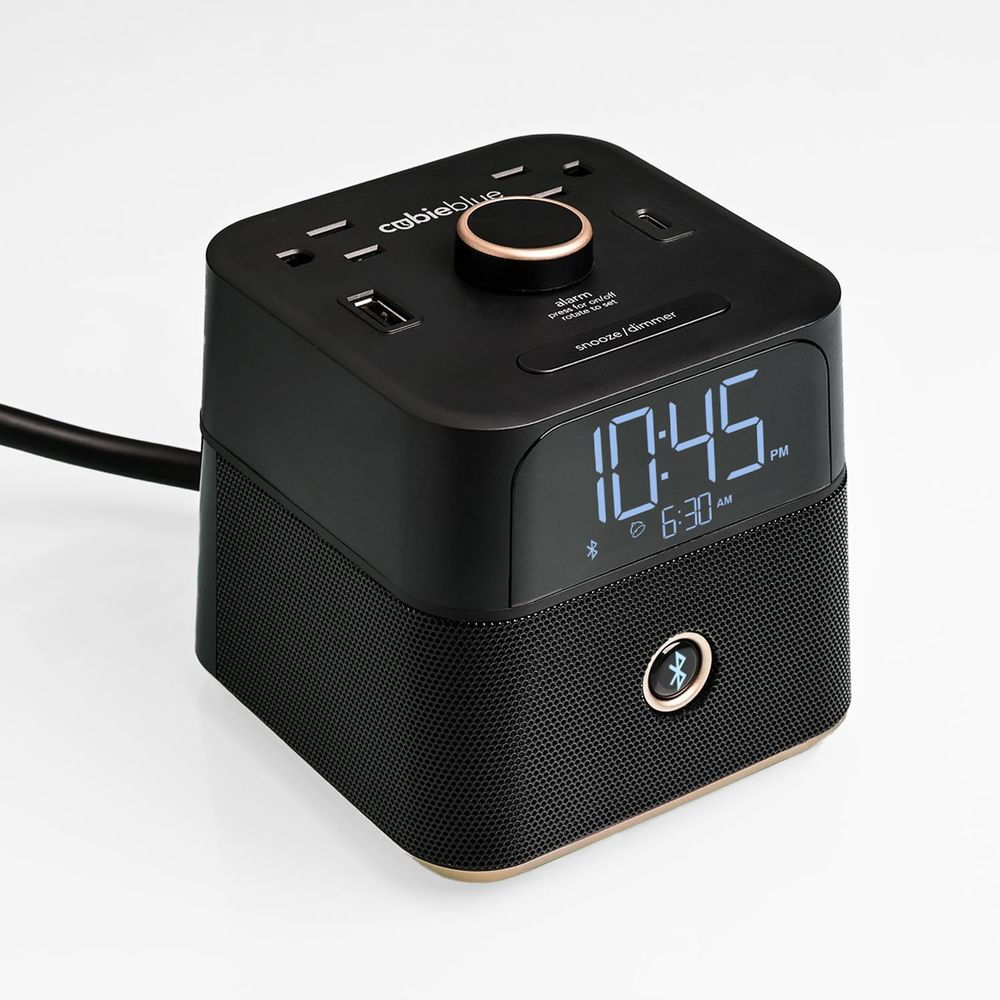 Bluetooth Speaker Alarm Clock with USB Ports and Tamper-Resistant Outlets