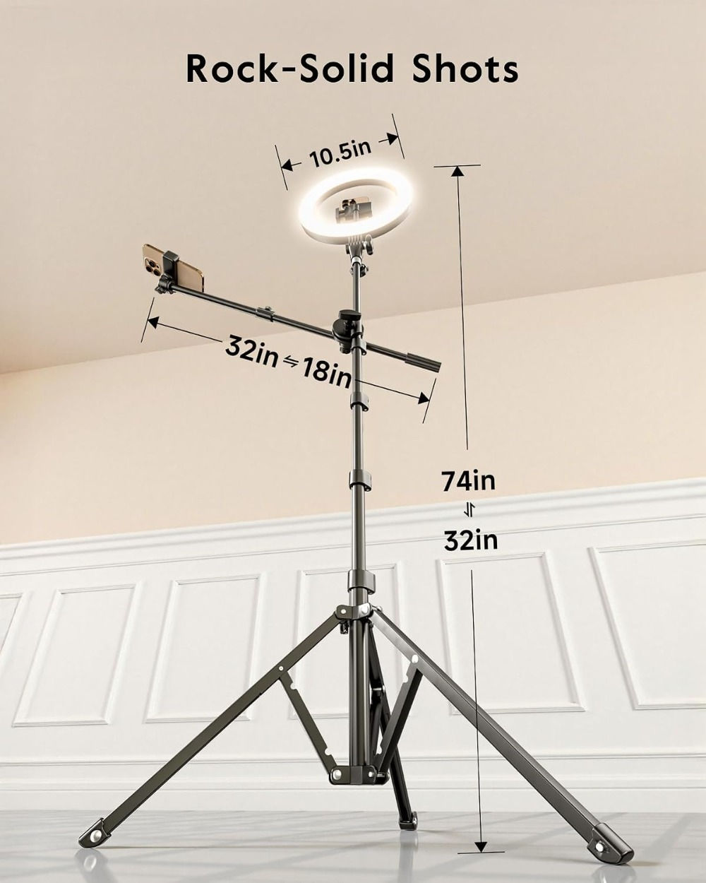 10.5" Ring Light with 62" Tripod Stand for Video Recording, Overhead Phone Mount