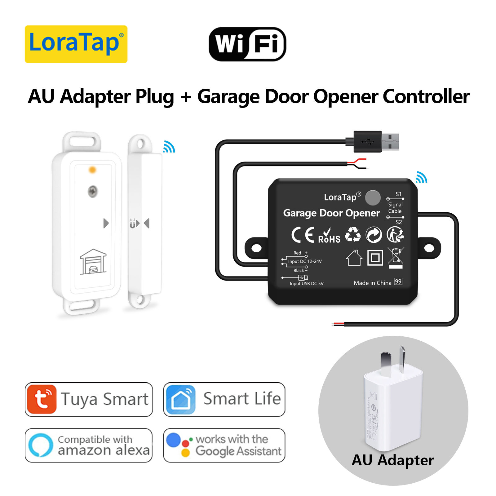LoraTap Tuya Smart Life AC DC Garage Door Wireless Sensor Opener Controller USB