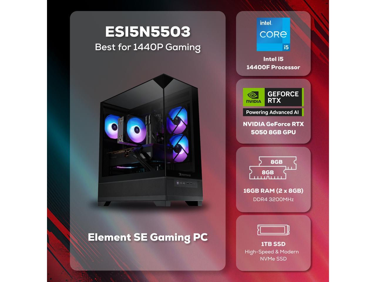 iBUYPOWER Element SE Gaming PC Desktop Computer Intel Core i5 14400F CPU, NVIDIA