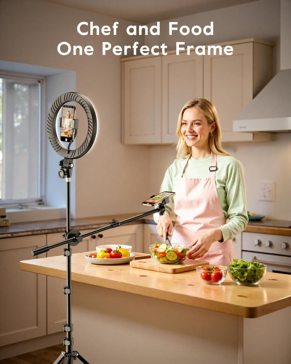 10.5" Ring Light with 62" Tripod Stand for Video Recording, Overhead Phone Mount