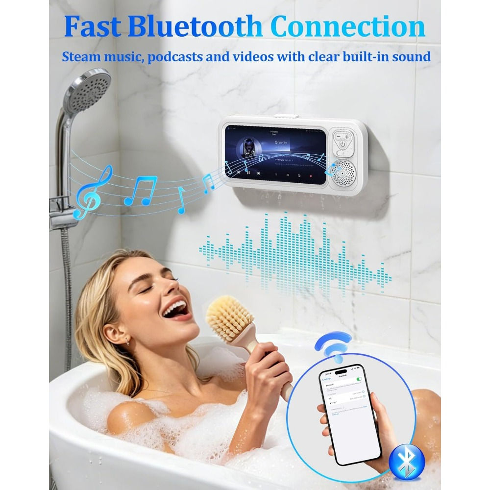 Waterproof Bluetooth Speaker Shower Phone Holder with 360° Rotation and Anti-Fo
