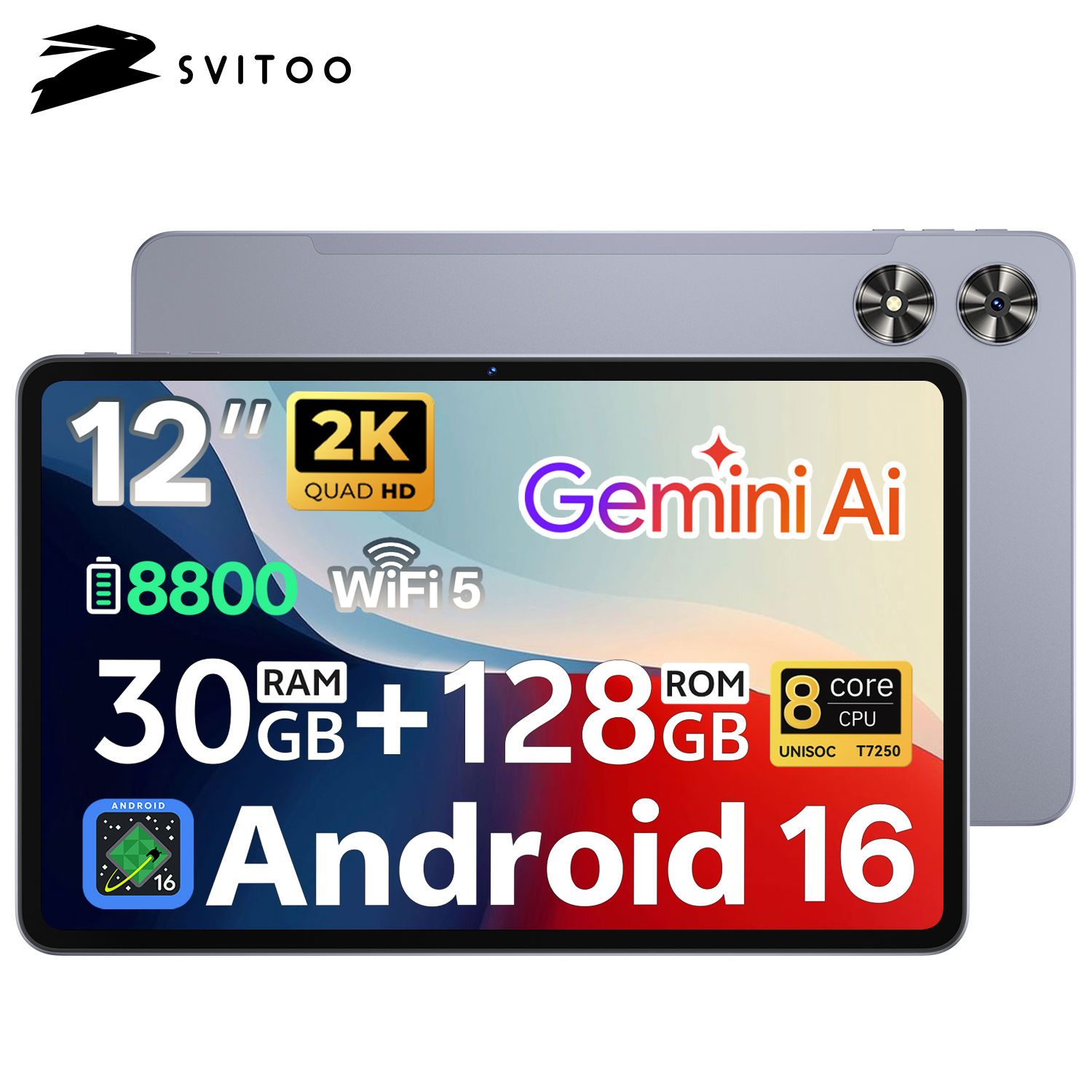 SVITOO Tablet 2026 Android 16 12 Inch 2000 x 1200 2K Display IPS Large Screen Un