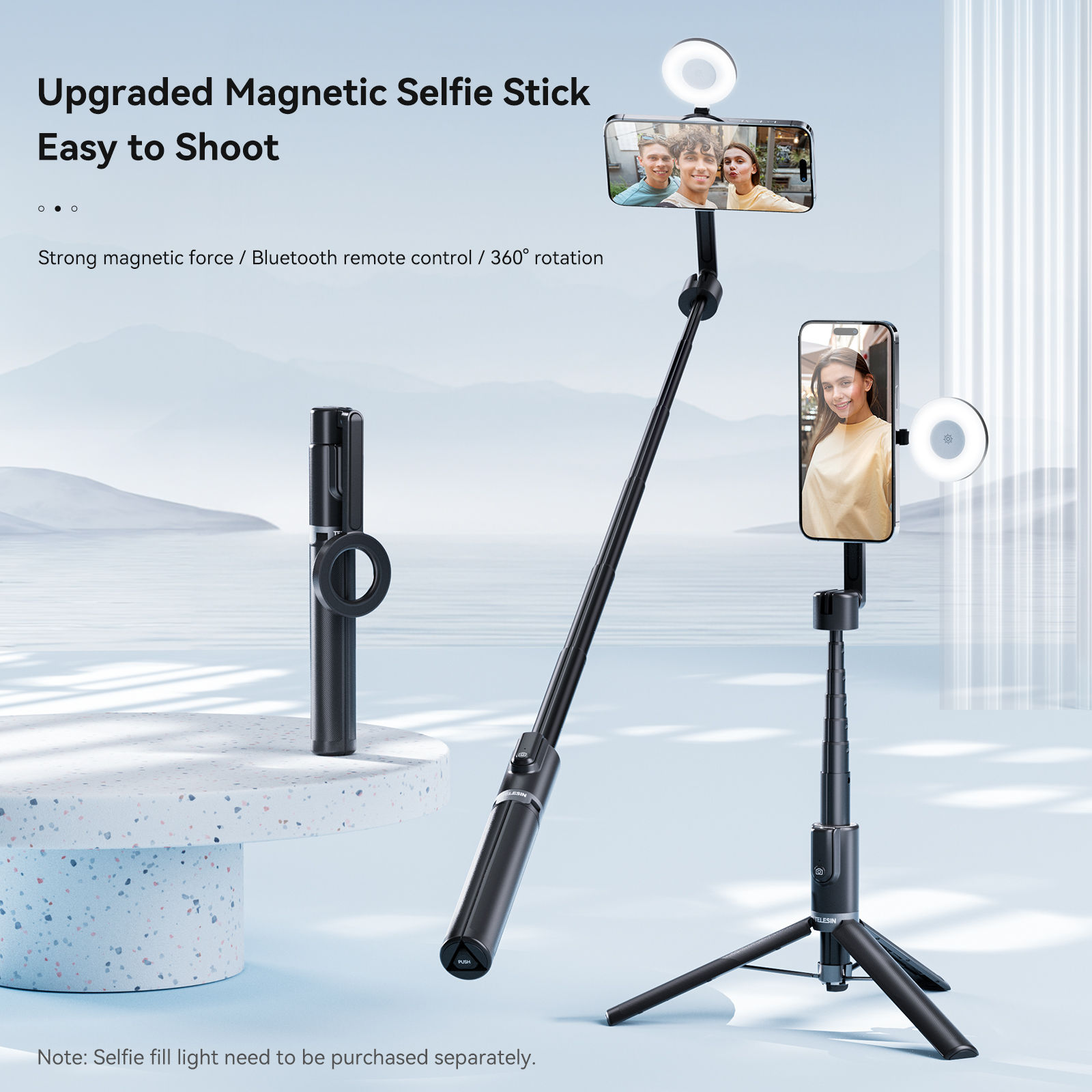 TELESIN Magnetic Selfie Stick Tripod with Remote Magsafe Cellphone Stand for iPh