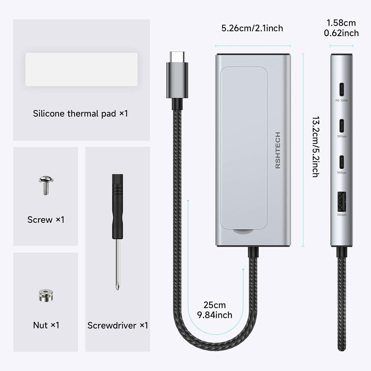RSHTECH M.2 NVMe/SATA SSD Enclosure 5-in-1 Aluminum 10Gbps USB C Hub with 3 USB