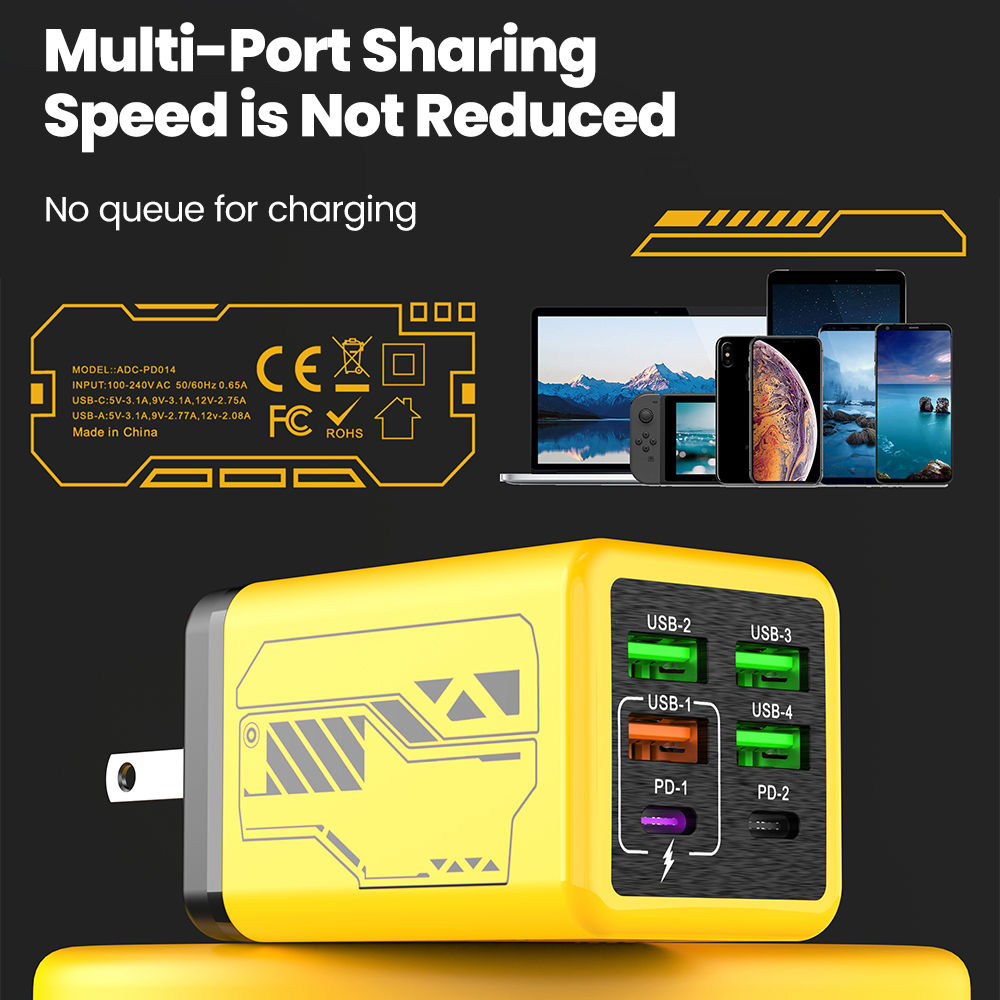 240W 6 Ports 4USB+2Type C Super Fast Charging Mobile Phone Charger USB3.0 PD3.0