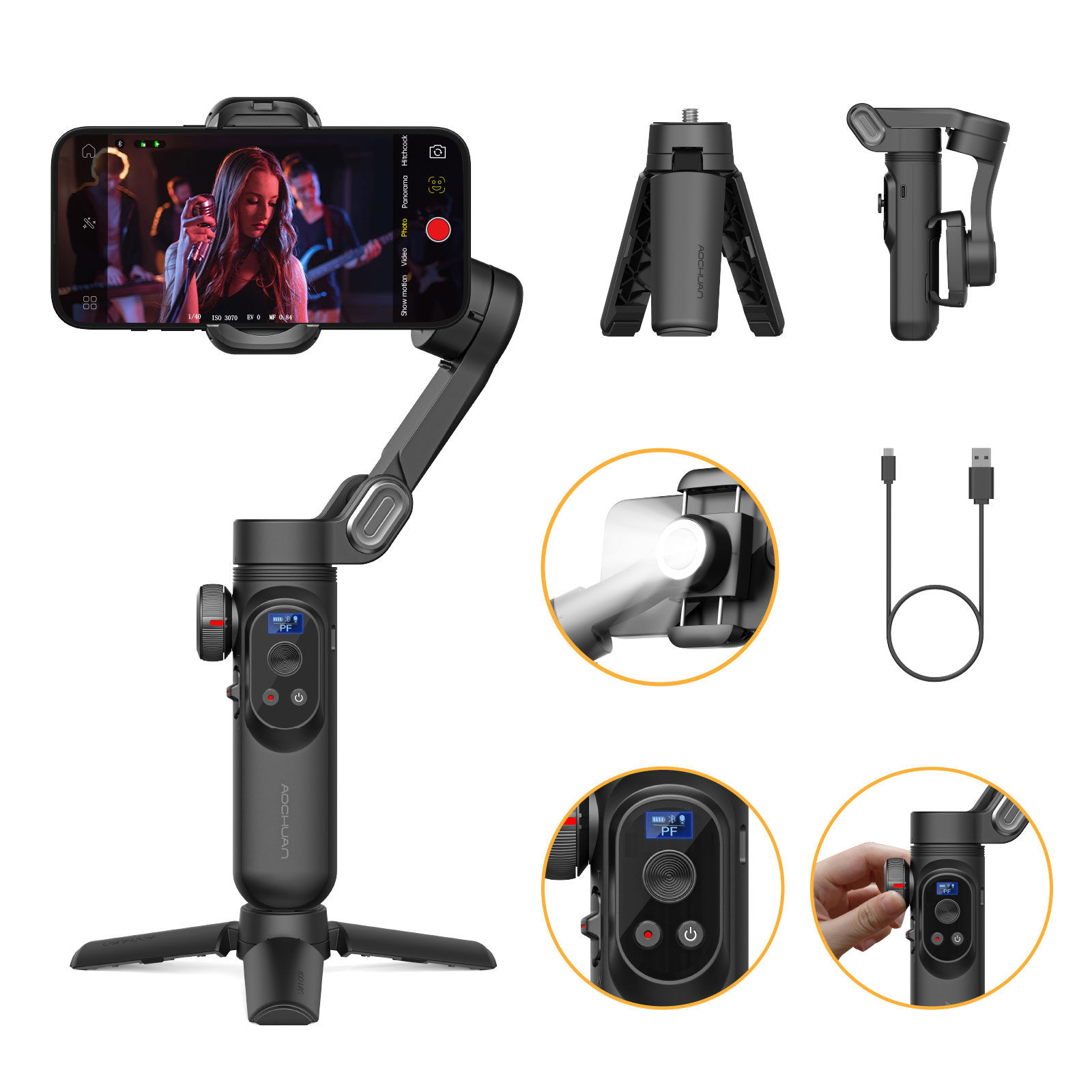 AOCHUAN 3-Axis Gimbal Stabilizer For Smartphone w/RGB Magnetic Fill Light Phone