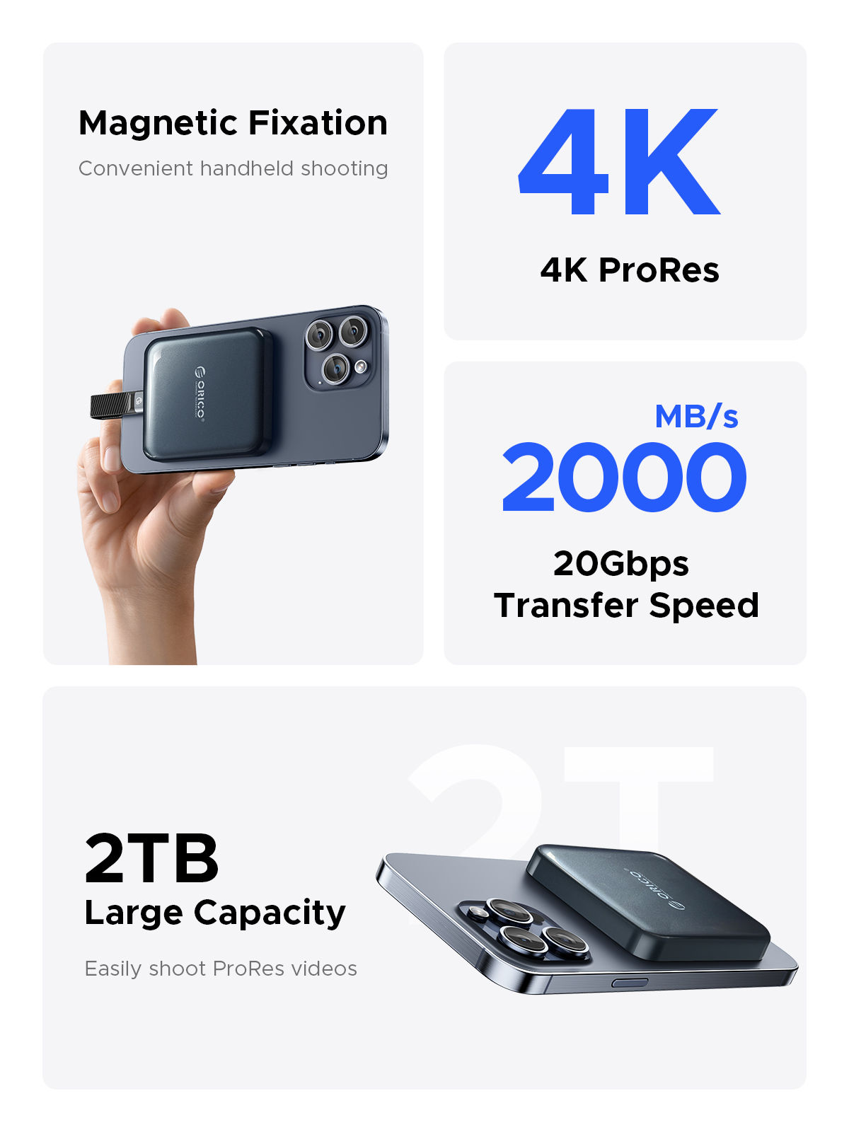 ORICO Magnetic Portable SSD USB3.2 20Gbps Supports 4K ProRes Video Recording for