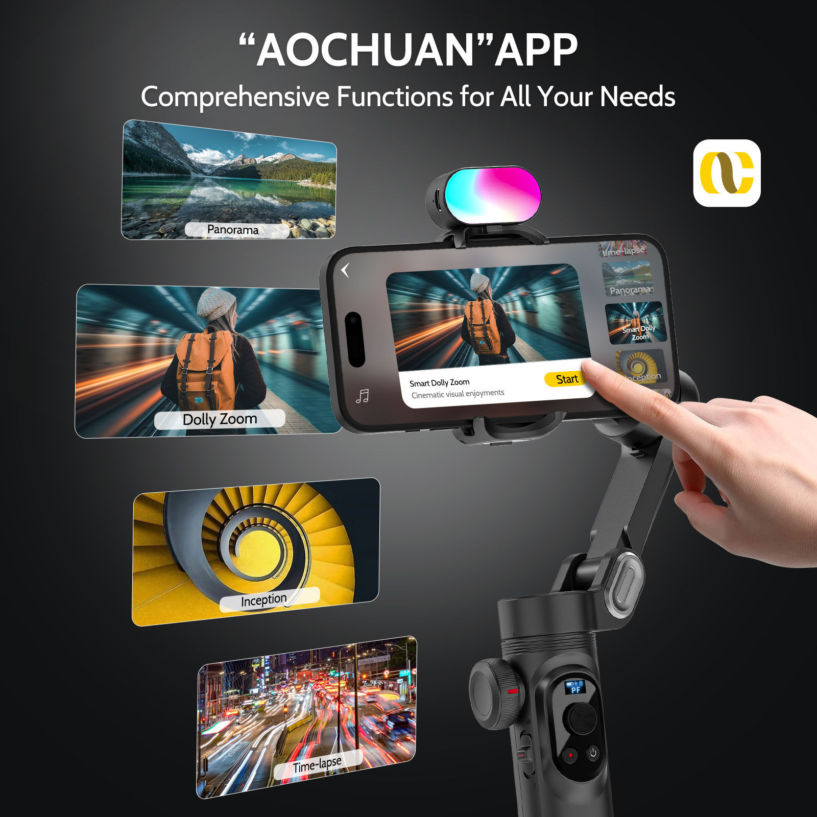 AOCHUAN 3-Axis Gimbal Stabilizer For Smartphone w/RGB Magnetic Fill Light Phone