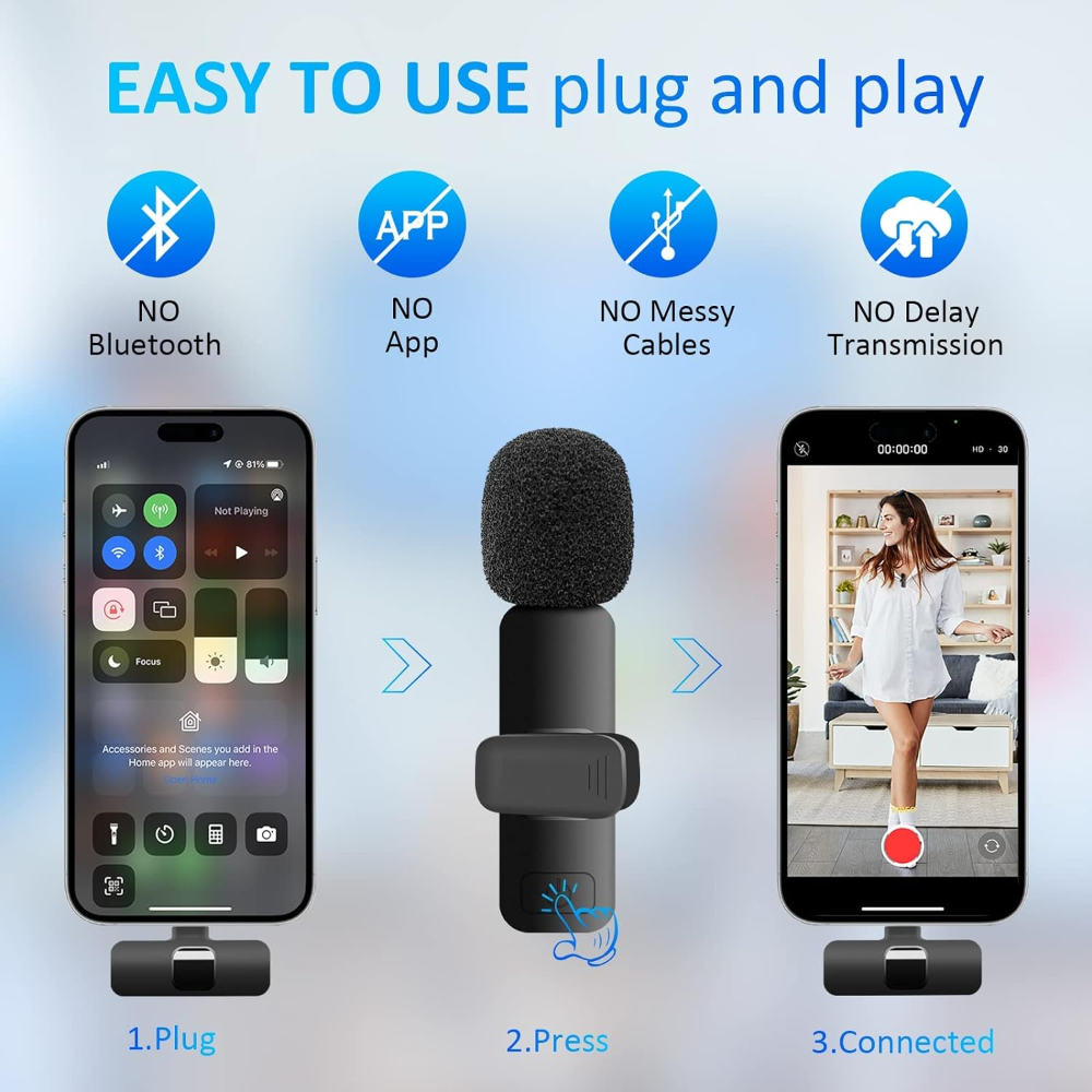 2 Pcs Wireless Lavalier Microphone for iPhone Android iPad, Mini Clip-on Mic wit