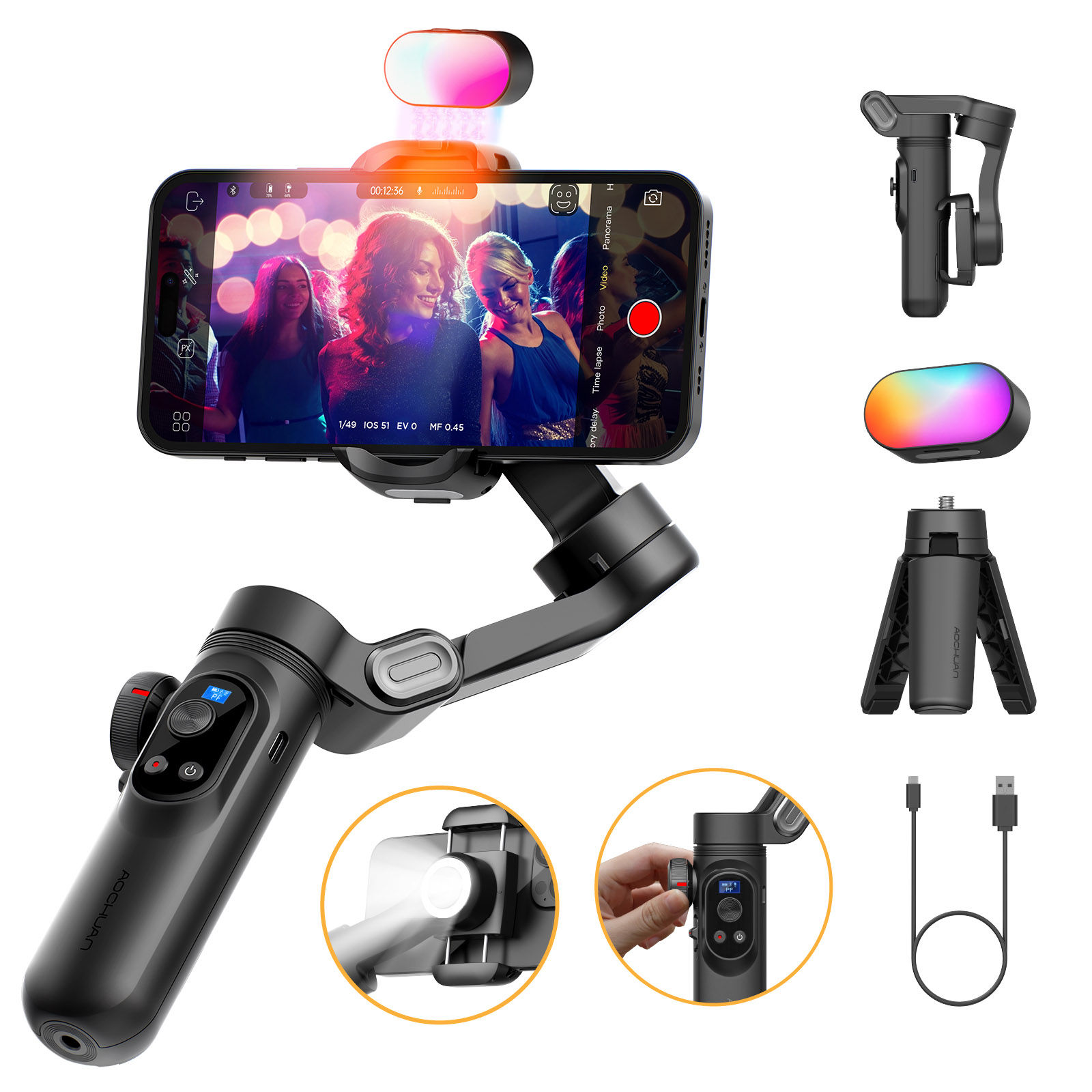 AOCHUAN 3-Axis Gimbal Stabilizer For Smartphone w/RGB Magnetic Fill Light Phone