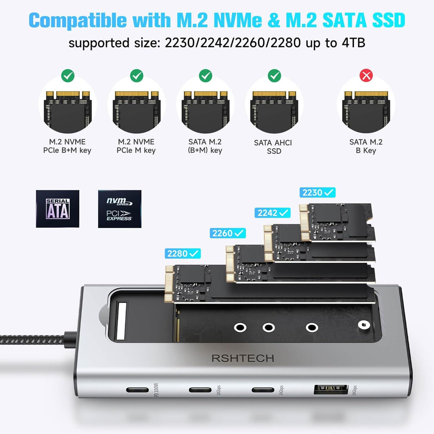 RSHTECH M.2 NVMe/SATA SSD Enclosure 5-in-1 Aluminum 10Gbps USB C Hub with 3 USB