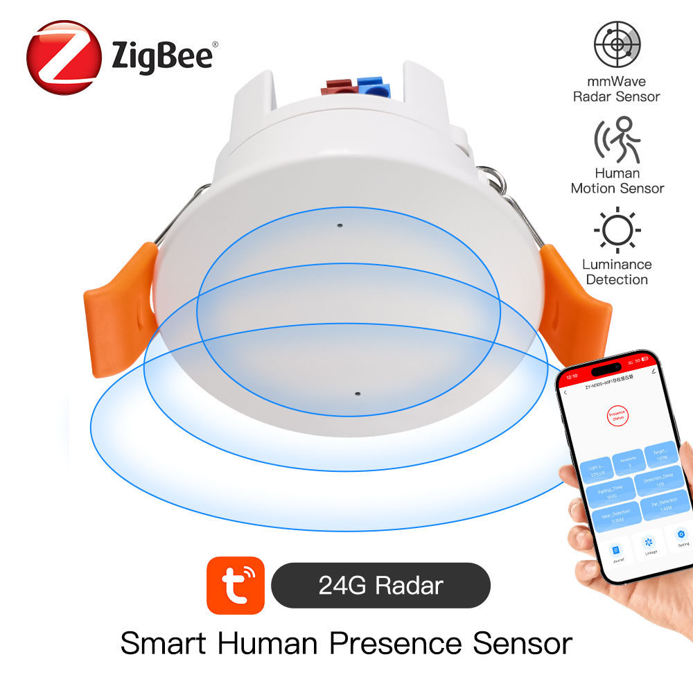 ZigBee MmWave Radar Human Presence Motion Sensor 24G Ceiling Mount Luminance/Dis