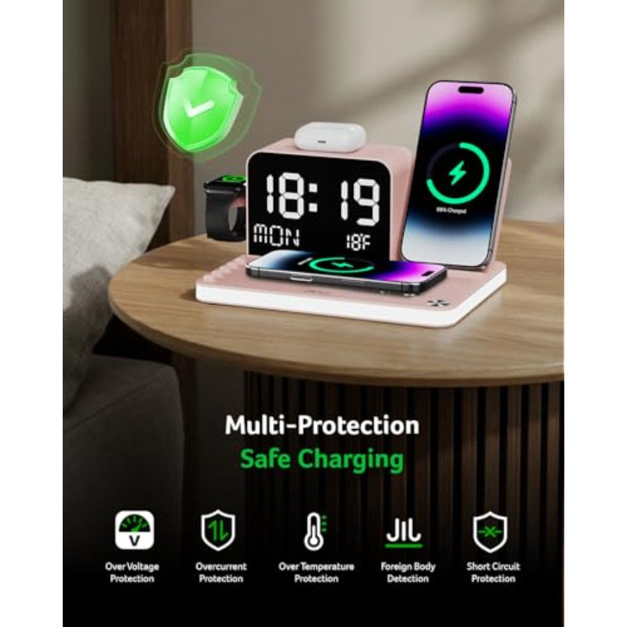 7-in-1 Wireless Charging Station with LED Clock - 30W Fast Wireless Charger for