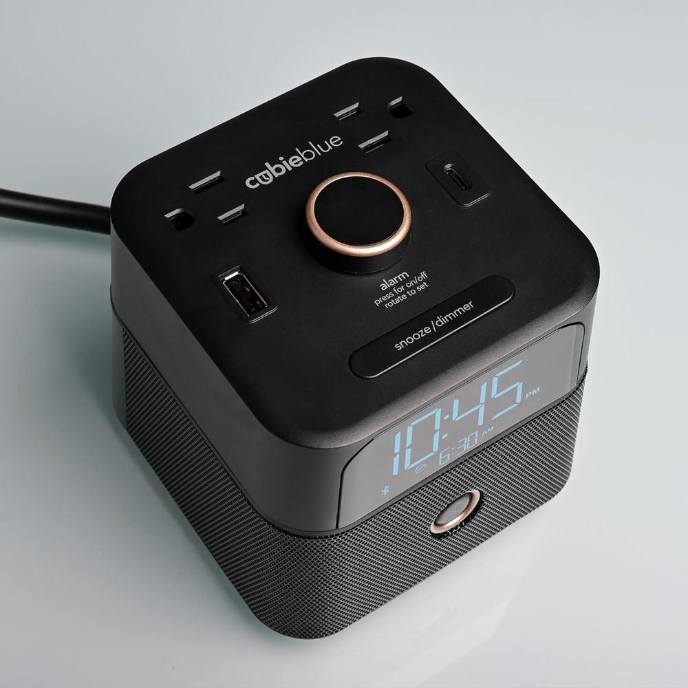 Bluetooth Speaker Alarm Clock with USB Ports and Tamper-Resistant Outlets