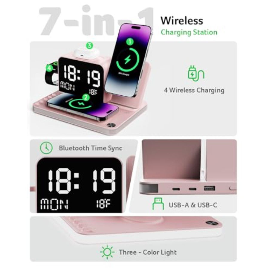 7-in-1 Wireless Charging Station with LED Clock - 30W Fast Wireless Charger for