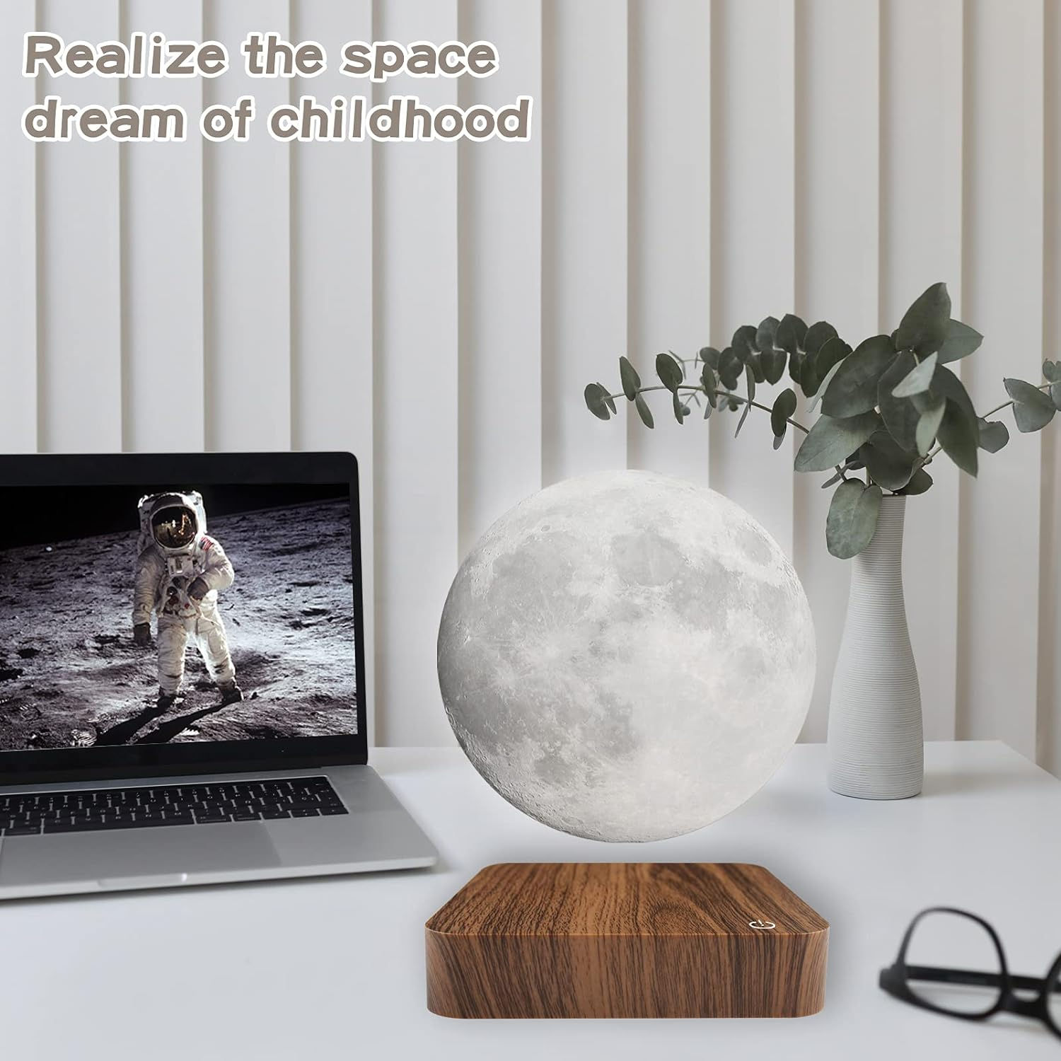 Magnetic Floating Rotating Moon Lamp with Wooden Base, 3 Color Temperature LED N