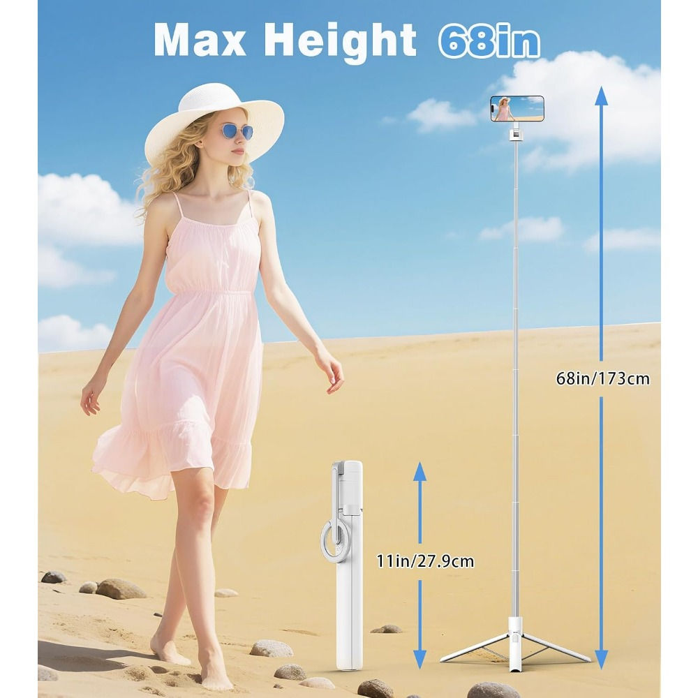 68" Magnetic Selfie Stick Tripod with Aluminum Holder, 360° Rotatable Stand and