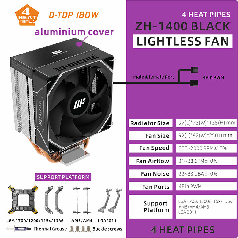 METALFISH ZH1400 CPU Cooler 4 HeatPipes 4PIN PWM Silent ARGB Fan For Intel 1700