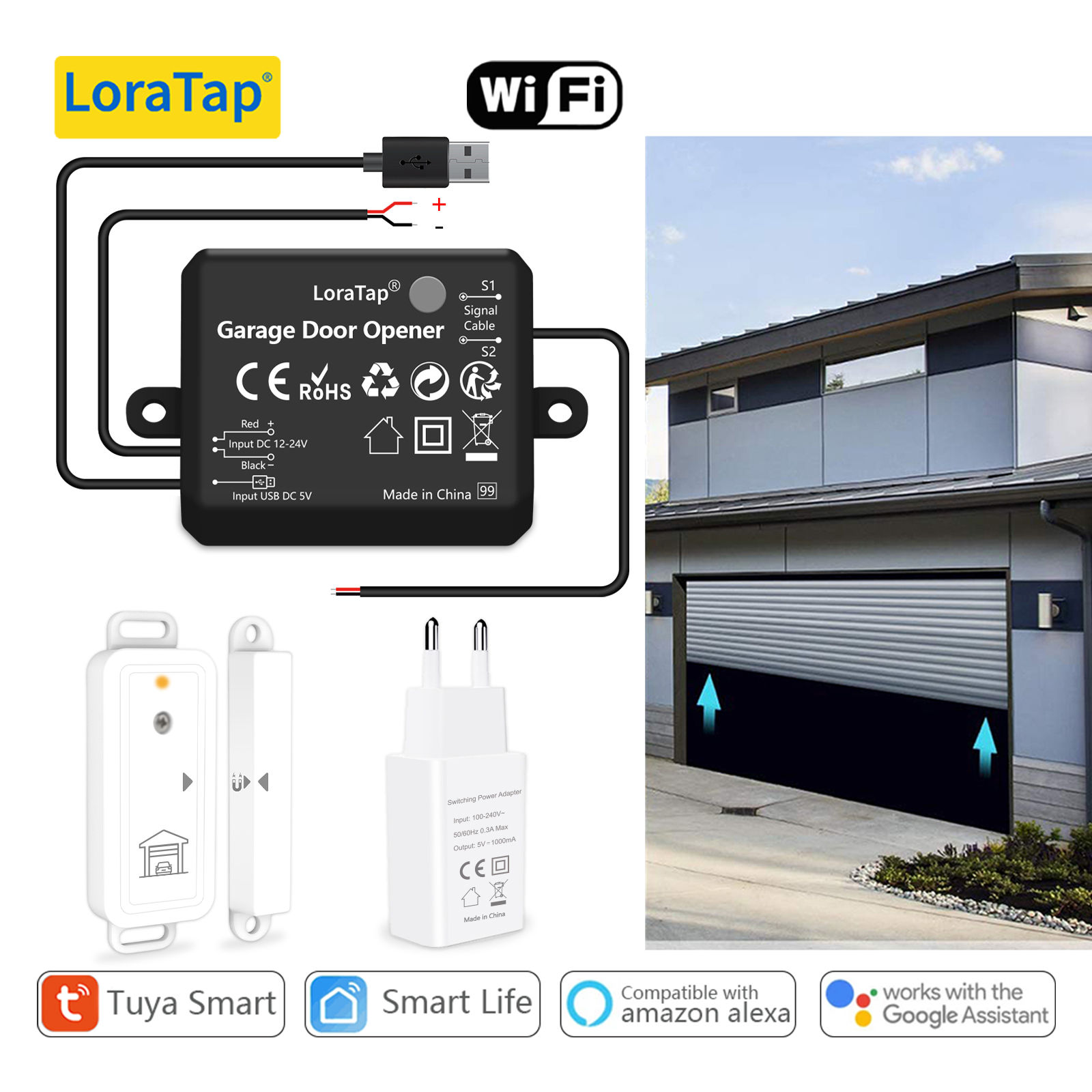 LoraTap Tuya Smart Life AC DC Garage Door Wireless Sensor Opener Controller USB