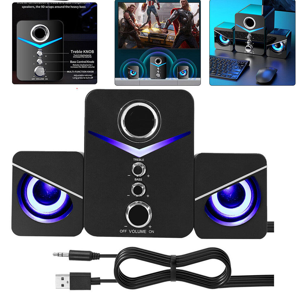 USB Computer LED Speakers System Subwoofer Stereo Bass Control for Desktop Lapto