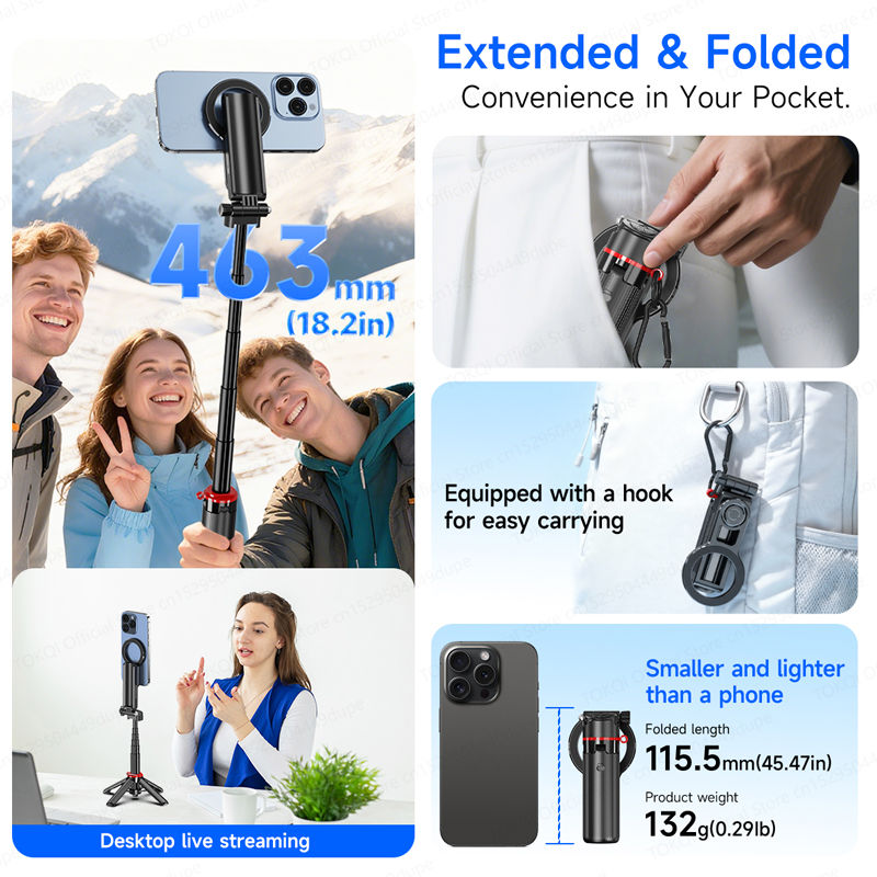 TOKQI Magnetic Portable Selfie Stick Tripod Magnetic Phone Holde for Smartphone