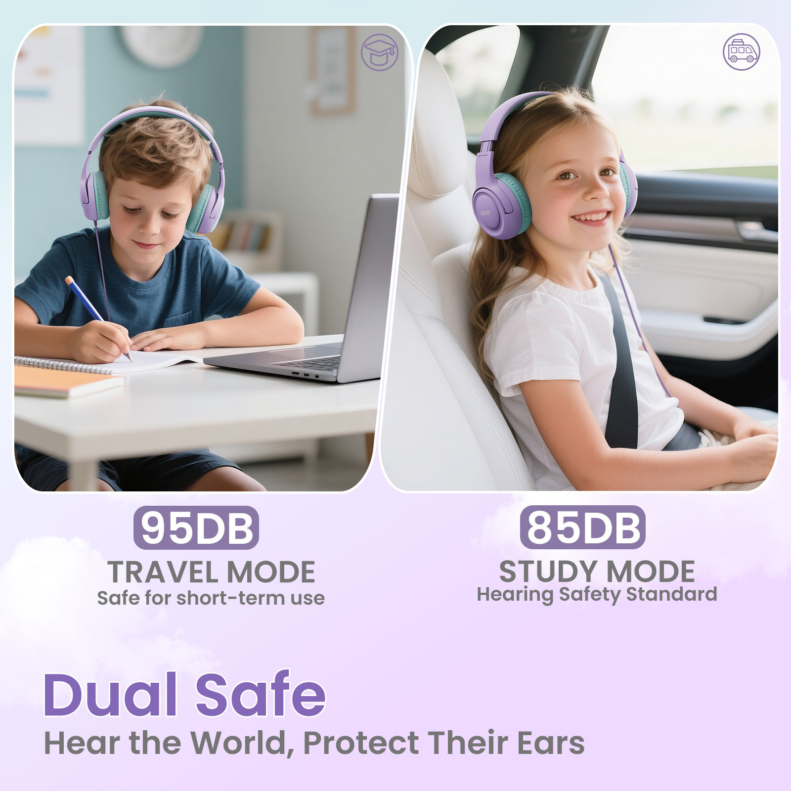 Acer Kids Headphones Wired for School 85/94dB Volume Limiter Foldable Stereo Sou