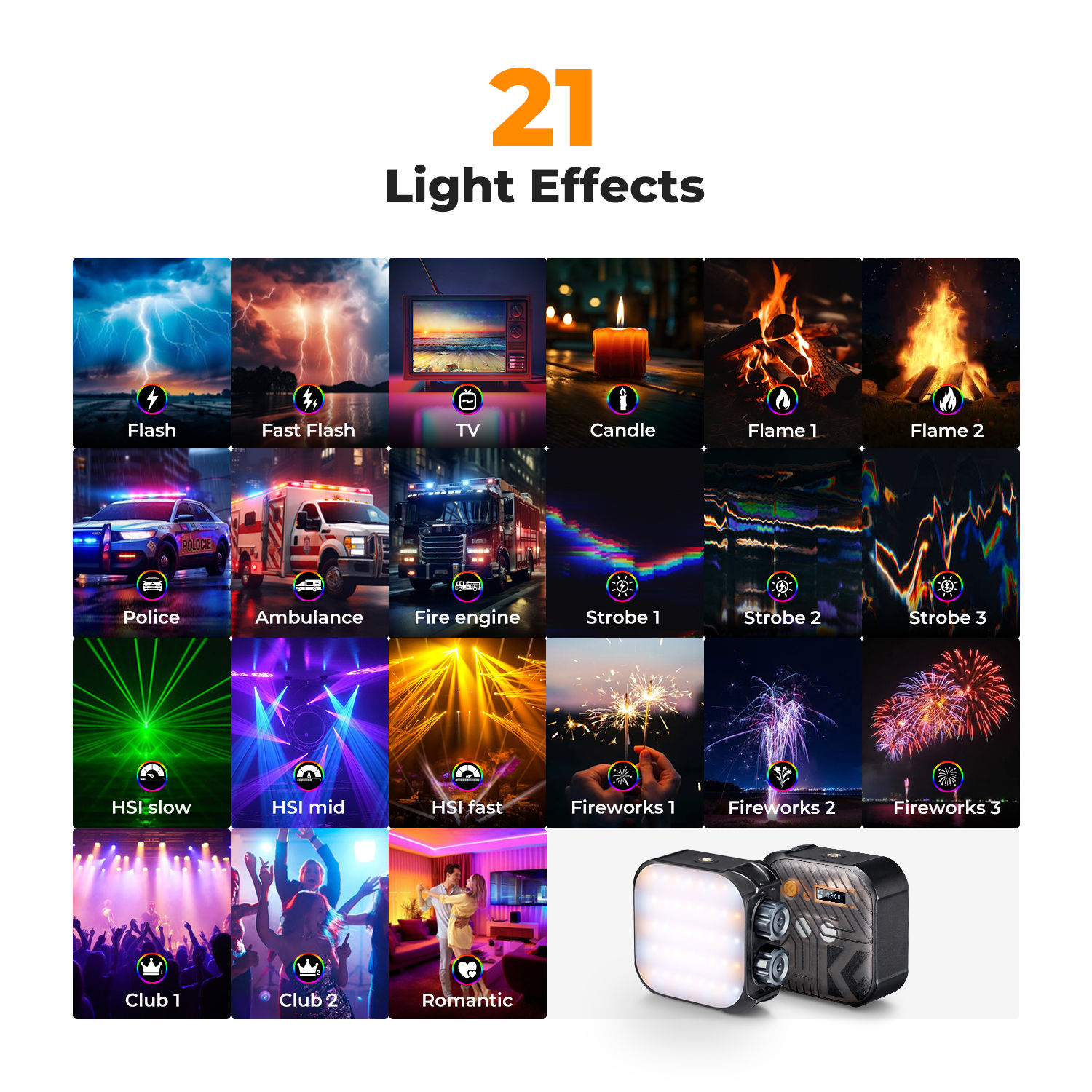 K&F CONCEPT RGB LED Video Light 2000mAh Rechargeable 2500K-9900K CRI 96+ 360° F