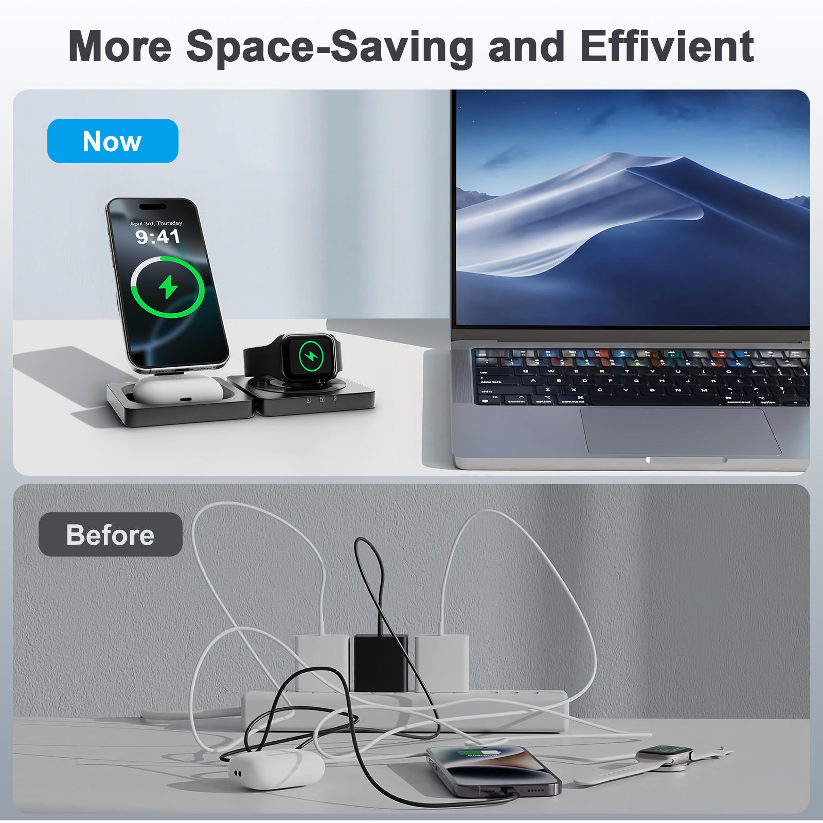 Magnetic Wireless Charger 3-in-1 Folding Fast Charging Station Foldable Travel f