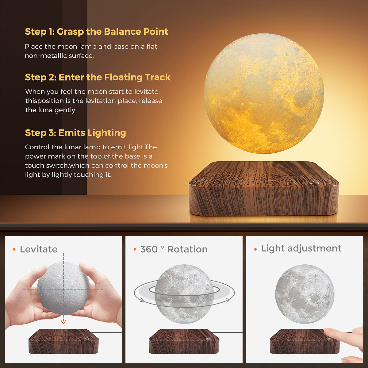 Magnetic Floating Rotating Moon Lamp with Wooden Base, 3 Color Temperature LED N