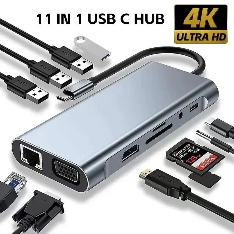 Usb 8 In 1 Type C 3 1 To 4k HdTV Hub Adapter With Sd Tf Rj45 Card Reader Pd Fast