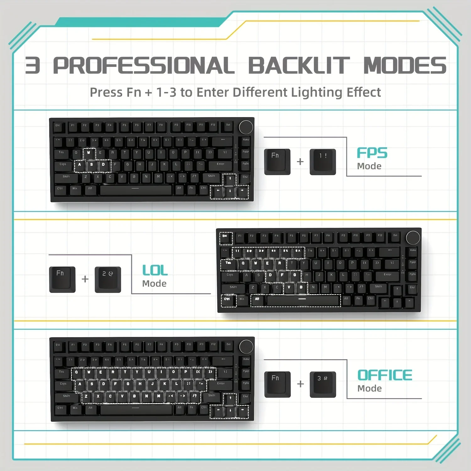 AJAZZ AK820 Wired Mechanical Gaming Keyboard 75% Layout 82 Key Hot-Swappable Des