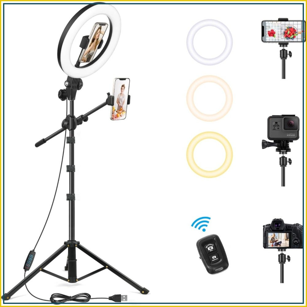 10.5" Ring Light with 62" Tripod Stand for Video Recording, Overhead Phone Mount