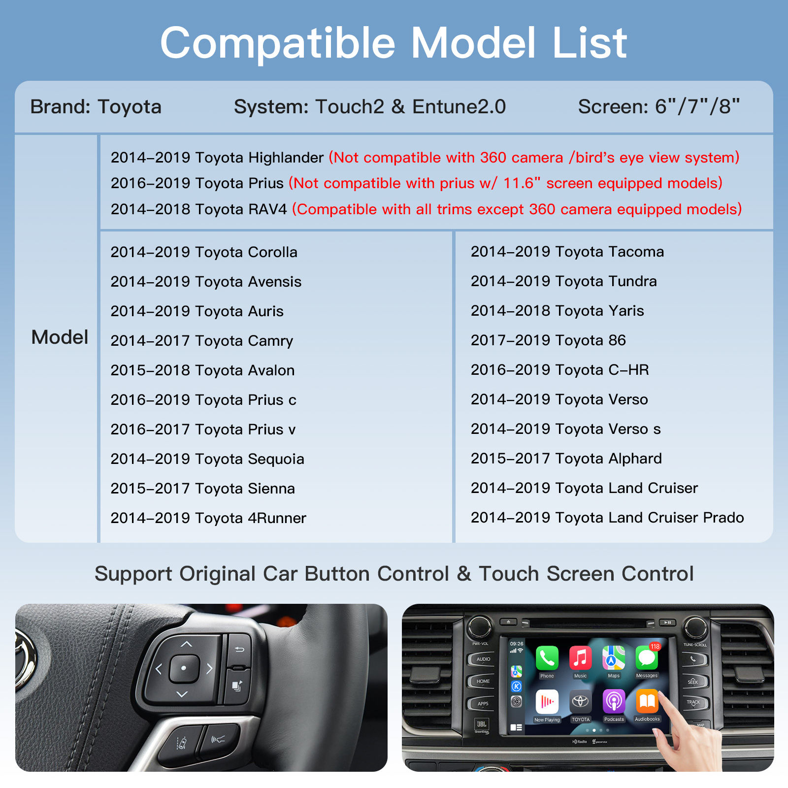 Wireless Carplay Android Auto For Toyota Yaris RAV4 Corolla Aygo Tacoma Camry C-
