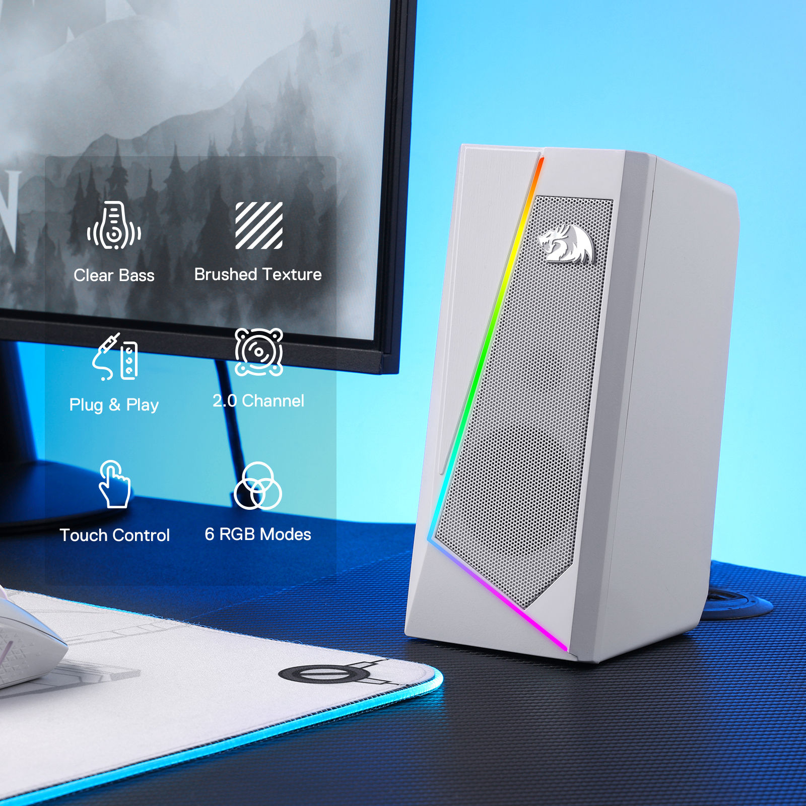 Redragon GS520 RGB Desktop Speakers, 2.0 Channel PC Stereo Speaker with 6 Colorf