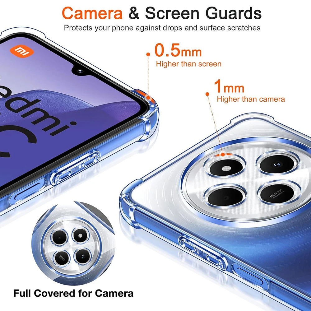 Clear Shockproof Case for Redmi 14C 4G/5G & Poco C75 Soft Silicone TPU Cover wit