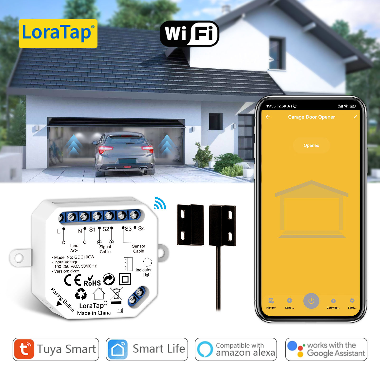 LoraTap Tuya Smart Life Garage Door Opener Controller Wired Sensor Security Earl