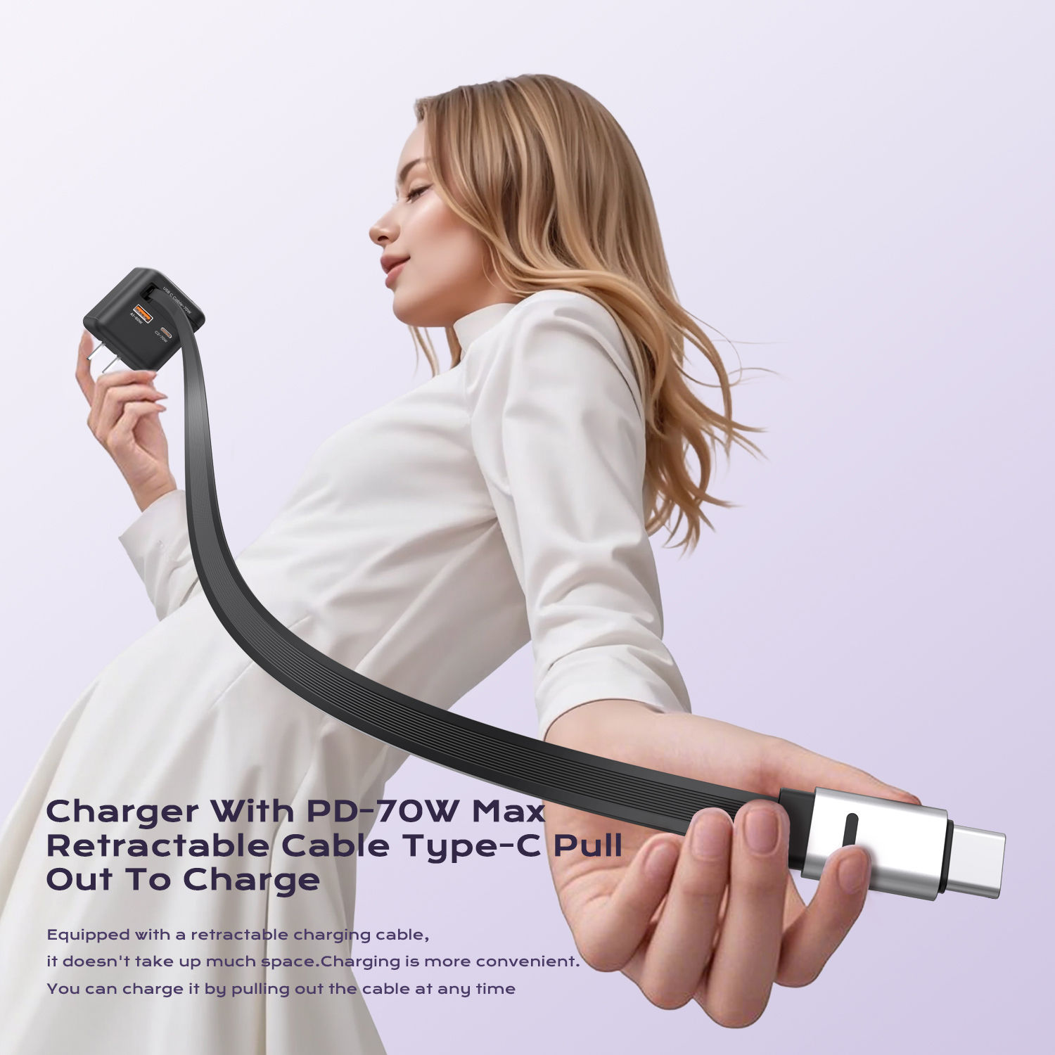 ASOMETECH 70W GaN Fast Charger with Type-C Retractable Cable 3 IN 1 PD3.0 QC4.0
