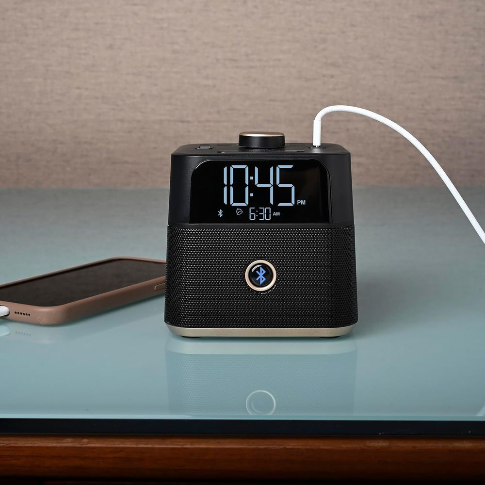 Bluetooth Speaker Alarm Clock with USB Ports and Tamper-Resistant Outlets