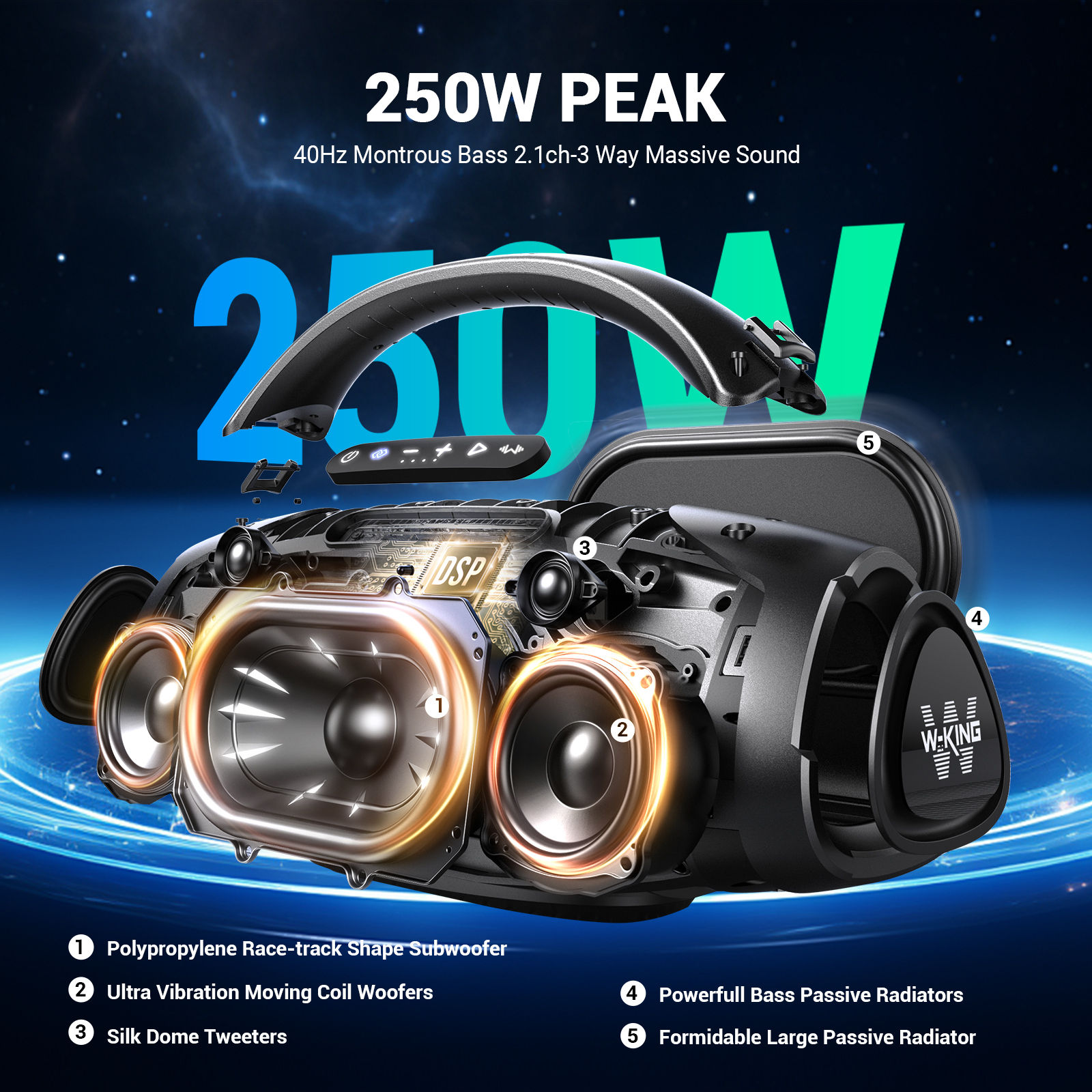 W-KING X20S Bluetooth Speaker w/Strap140W RMS Massive Bass Party Boombox IPX7 Wa