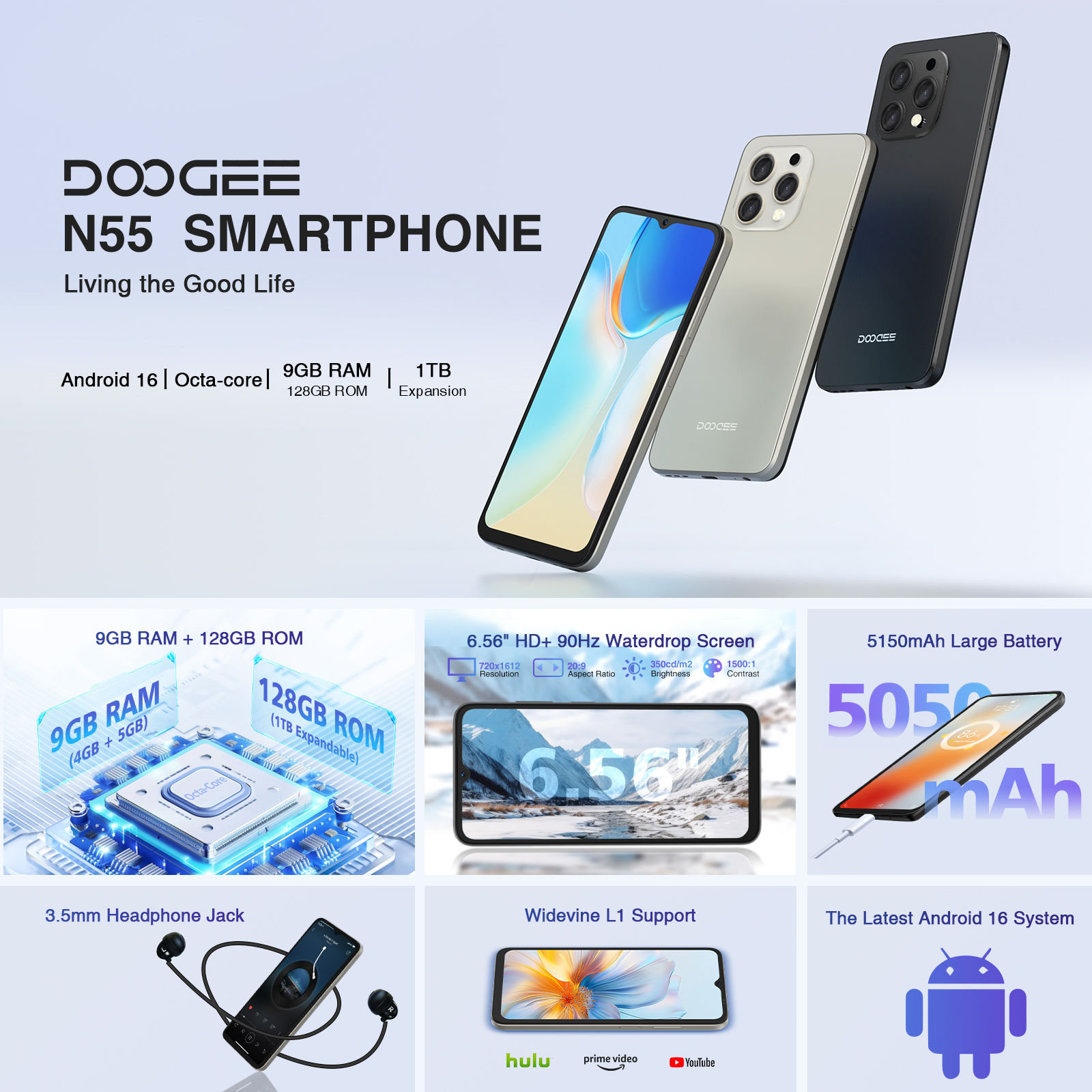 DOOGEE N55 Android 16 Smartphone 6.56" HD+ 90Hz 8.6mm Ultra-Slim 16GB+128GB/2TB
