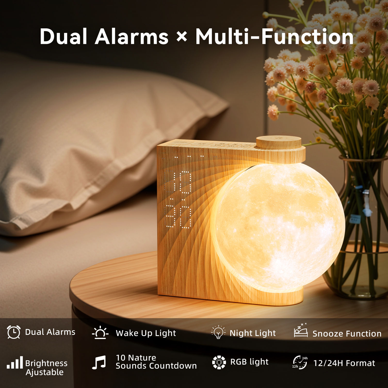 Sunrise Alarm Clocks for Heavy Sleepers,Night Lamp Clocks for Bedrooms with Moon