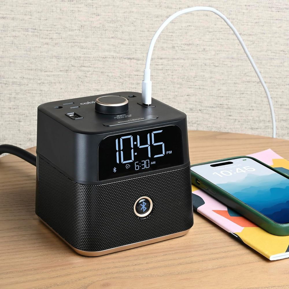 Bluetooth Speaker Alarm Clock with USB Ports and Tamper-Resistant Outlets