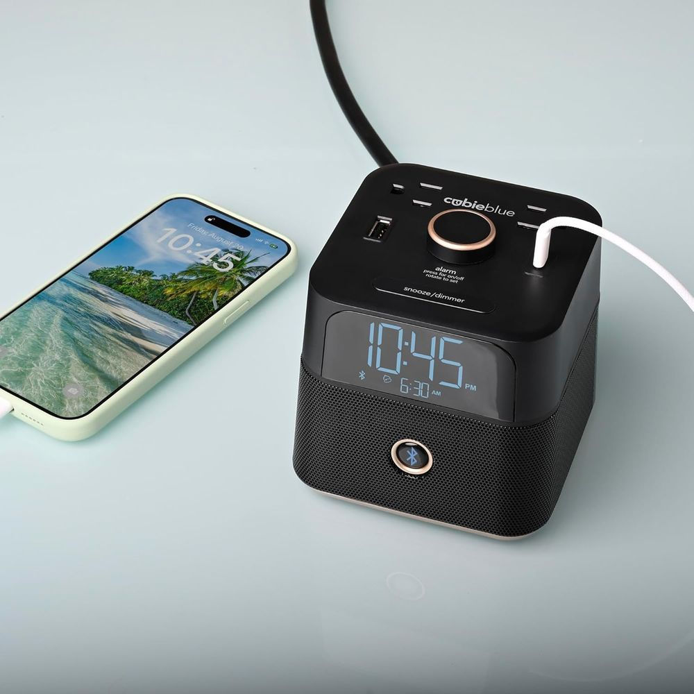 Bluetooth Speaker Alarm Clock with USB Ports and Tamper-Resistant Outlets