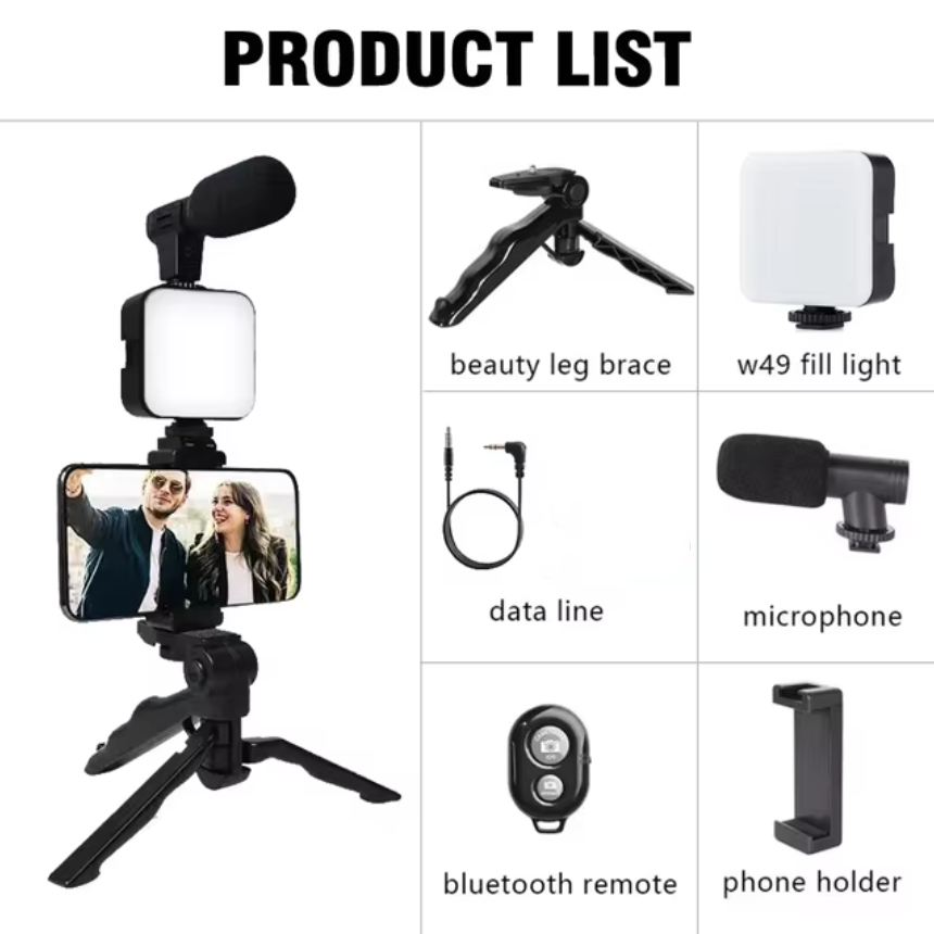 Smartphone Vlogging Kit With Tripod Phone Holder Mini Microphone LED Fill Light